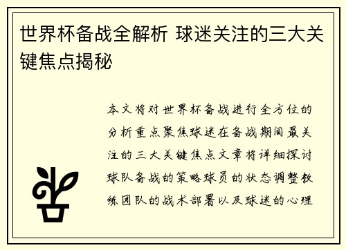 世界杯备战全解析 球迷关注的三大关键焦点揭秘 世界杯备战全解析 球迷关注的三大关键焦点揭秘