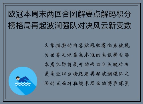 欧冠本周末两回合图解要点解码积分榜格局再起波澜强队对决风云新变数 欧冠本周末两回合图解要点解码积分榜格局再起波澜强队对决风云新变数